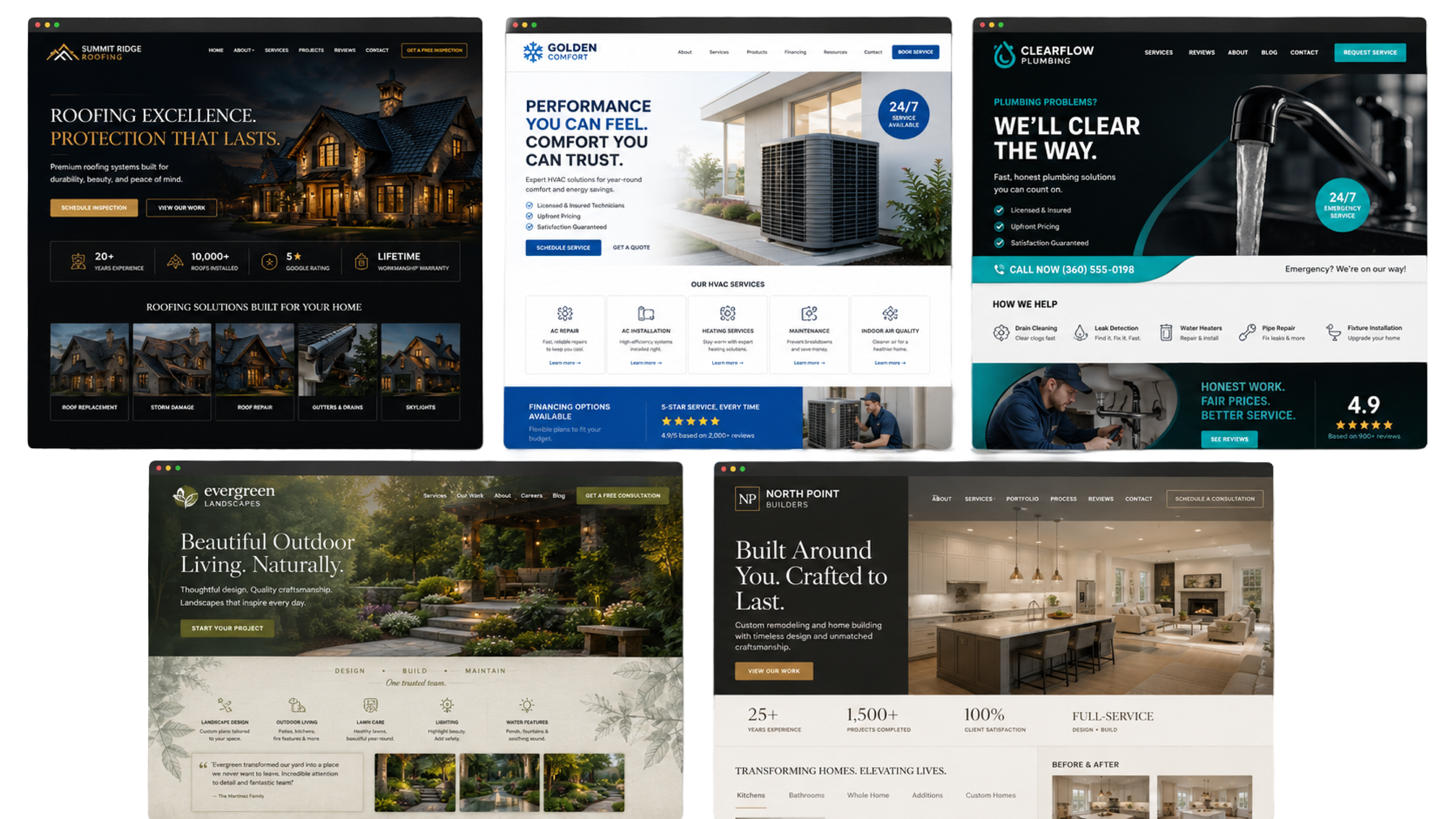 Website homepages for a roofing, HVAC, plumbing, landscaping, and home-building contractor, each built on the same one-page layout